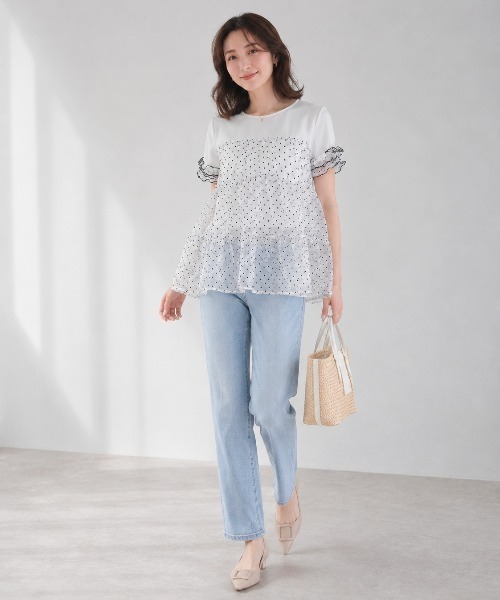 Lateru(ラテル)の「水玉ティアードチュールトップス フリル半袖 T シャツ レディース 体型カバー(Tシャツ/カットソー・レディース・ネイビー/ブラック/ホワイト・FREE)」の13枚目の写真