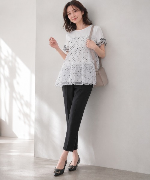 Lateru(ラテル)の「水玉ティアードチュールトップス フリル半袖 T シャツ レディース 体型カバー(Tシャツ/カットソー・レディース・ネイビー/ブラック/ホワイト・FREE)」の14枚目の写真