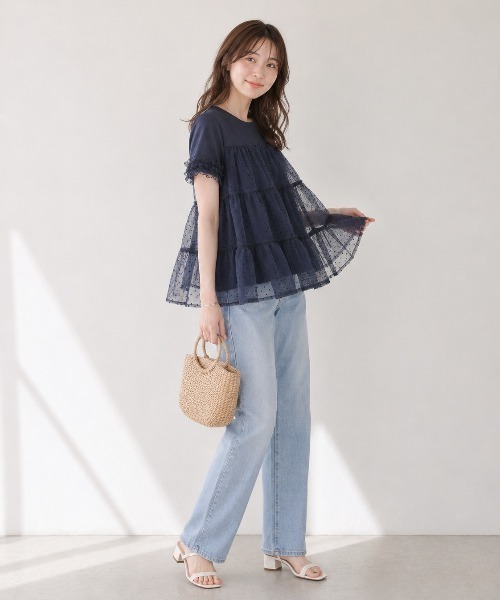 Lateru(ラテル)の「水玉ティアードチュールトップス フリル半袖 T シャツ レディース 体型カバー(Tシャツ/カットソー・レディース・ネイビー/ブラック/ホワイト・FREE)」の15枚目の写真