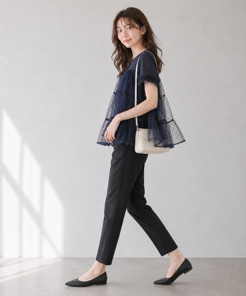 Lateru(ラテル)の「水玉ティアードチュールトップス フリル半袖 T シャツ レディース 体型カバー(Tシャツ/カットソー・レディース・ネイビー/ブラック/ホワイト・FREE)」の16枚目の写真