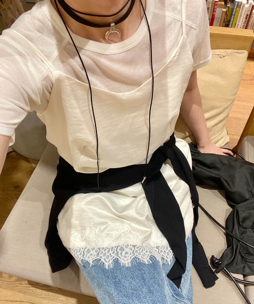 ISOOK(アイスー)の「レースキャミソールミニワンピース(kiharu select) / レースビスチェ レースキャミソール レイヤード 重ね着 サテンビスチェ 裾レースデザインインナー(チュニック・レディース・ホワイト/ブラック・FREE)」の10枚目の写真