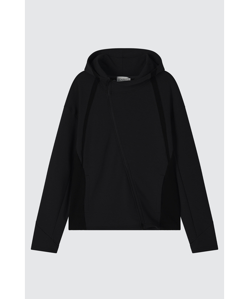 LEARVE(ルアブ)の「アシンメトリック ハイネック フード ジップアップ (2col)(パーカー・メンズ・ダークグレー/ブラック・LARGE/X-LARGE/MEDIUM)」の1枚目の写真