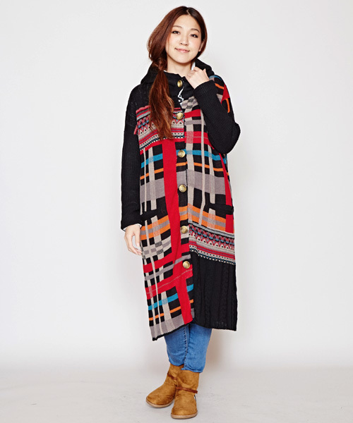 チャイハネ（チャイハネ）の「【チャイハネ】yul チェック柄ニットフーディー / ジャケット（その他アウター・レディース・カーキ/ブラック/ベージュ・FREE）」の11枚目の写真