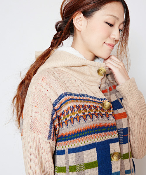 チャイハネ（チャイハネ）の「【チャイハネ】yul チェック柄ニットフーディー / ジャケット（その他アウター・レディース・カーキ/ブラック/ベージュ・FREE）」の7枚目の写真