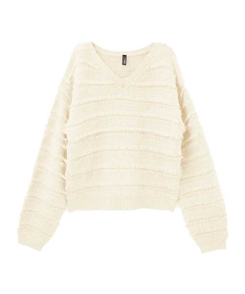 Luz Llena（ラズレナ）の「フリンジボーダーニットトップス（ニット/セーター・レディース・オフホワイト/杢グレー/パープル・MEDIUM）」の8枚目の写真