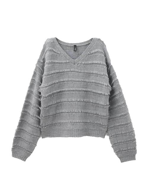 Luz Llena（ラズレナ）の「フリンジボーダーニットトップス（ニット/セーター・レディース・オフホワイト/杢グレー/パープル・MEDIUM）」の5枚目の写真