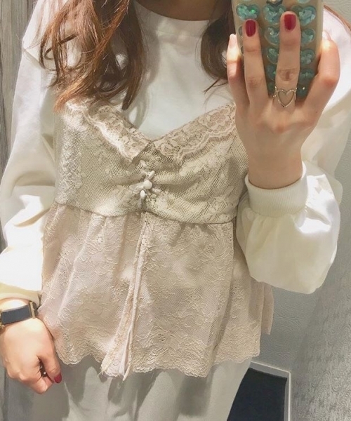 PAGEBOY（ページボーイ）の「袖ボリューム×レースキャミセット（Tシャツ/カットソー・レディース・オフホワイト/ピンク/アイボリー・FREE）」の2枚目の写真