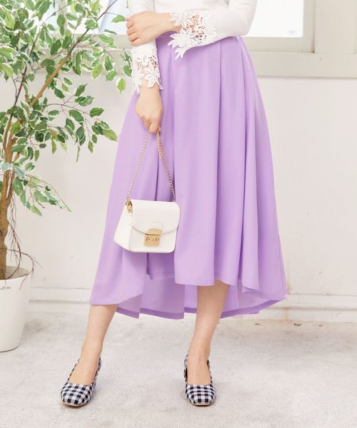 KOBE LETTUCE（コウベレタス）の「ジョーゼット素材タックイレギュラーヘムロングフレアスカート/レディースボトムス[M2098]神戸レタス（スカート・レディース・ラベンダー/オフホワイト/ネイビー/ミント/ピンク・FREE）」の5枚目の写真