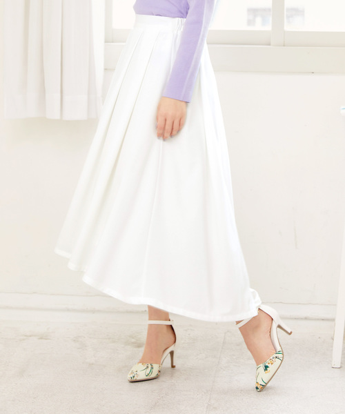 KOBE LETTUCE（コウベレタス）の「ジョーゼット素材タックイレギュラーヘムロングフレアスカート/レディースボトムス[M2098]神戸レタス（スカート・レディース・ラベンダー/オフホワイト/ネイビー/ミント/ピンク・FREE）」の2枚目の写真