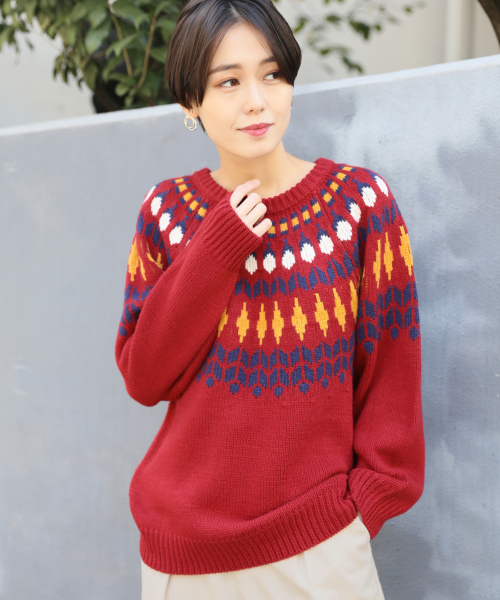 LOWRYS FARM（ローリーズファーム）の「フェアアイルプルオーバー　816668（ニット/セーター・レディース・ブラック/レッド/グレー/ベージュ・FREE）」の4枚目の写真