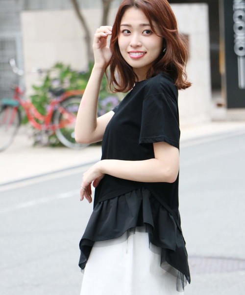 HER CLOSET（ハークローゼット）の「【HERCLOSET】アシメフリルTシャツ（Tシャツ/カットソー・レディース・ホワイト/ブラック/ネイビー/グレー/カーキ/キャメル・M）」の3枚目の写真