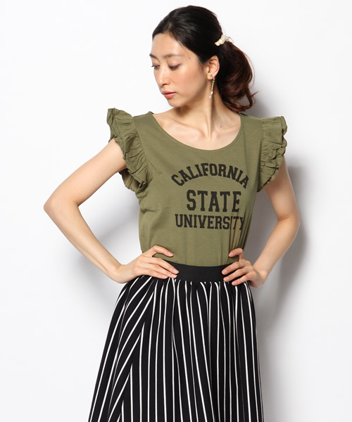 DISCOAT（ディスコート）の「【Discoat】肩フリルロゴT（Tシャツ/カットソー・レディース・オフホワイト/カーキ/ネイビー・ﾌﾘ-）」の2枚目の写真