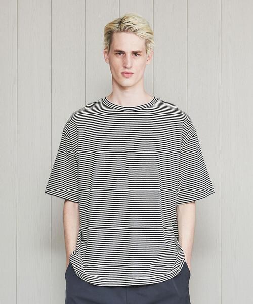 H　BEAUTY&YOUTH UNITED ARROWS（エイチビューティーアンドユースユナイテッドアローズ）の「＜H＞COTTON LINEN BORDER T-SHIRT/Tシャツ（Tシャツ/カットソー・メンズ・ダークグリーン/ピンク/オレンジ・LARGE/SMALL/MEDIUM）」の2枚目の写真