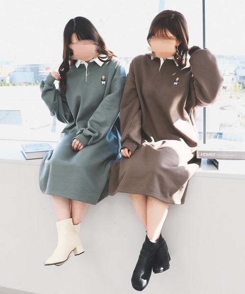 PairPair(ペアペア)の「クマ刺繍ラガースウェットワンピース(ワンピース・レディース・モカ/グレイッシュブルー・FREE)」の3枚目の写真