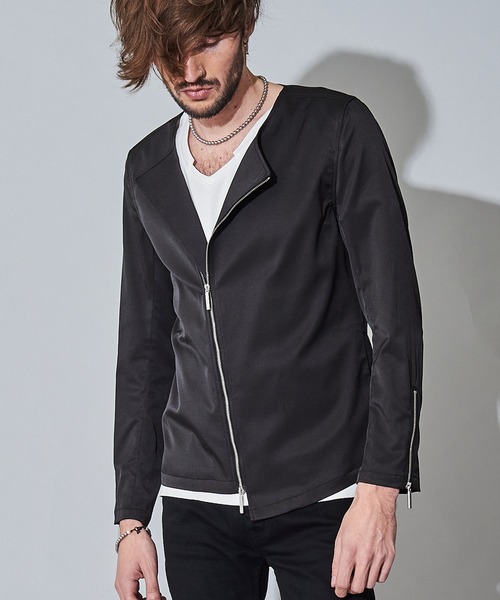 NO ID.（ノーアイディ）の「【NO ID.】Asymmetry No Collar Riders Jacket / アシンメトリー ノー カラー ライダース ジャケット（ライダースジャケット・メンズ・ブラック/ベージュ/グレー・1/2）」の2枚目の写真