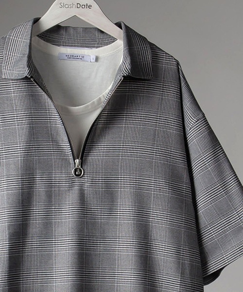 SlashDate（スラッシュデイト）の「ハーフZIP半袖シャツ＋タンクトップ/レイヤードスタイル（Tシャツ/カットソー・メンズ・ブラック/ベージュ/グレー/モカ/チェック・M/L/XL）」の5枚目の写真