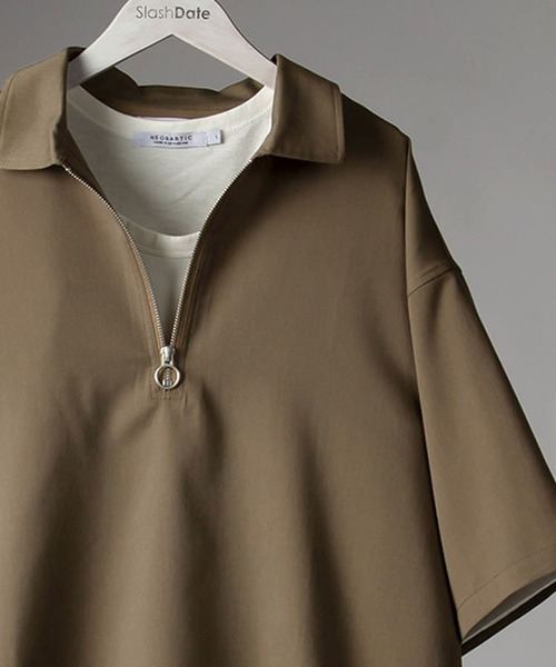 SlashDate（スラッシュデイト）の「ハーフZIP半袖シャツ＋タンクトップ/レイヤードスタイル（Tシャツ/カットソー・メンズ・ブラック/ベージュ/グレー/モカ/チェック・M/L/XL）」の4枚目の写真