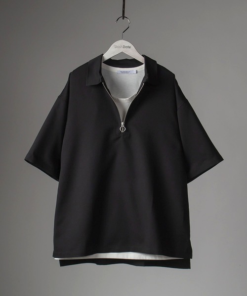 SlashDate（スラッシュデイト）の「ハーフZIP半袖シャツ＋タンクトップ/レイヤードスタイル（Tシャツ/カットソー・メンズ・ブラック/ベージュ/グレー/モカ/チェック・M/L/XL）」の14枚目の写真