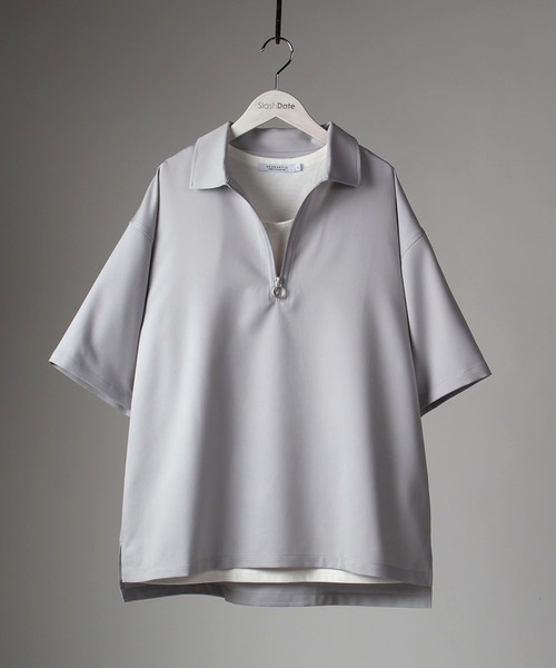 SlashDate（スラッシュデイト）の「ハーフZIP半袖シャツ＋タンクトップ/レイヤードスタイル（Tシャツ/カットソー・メンズ・ブラック/ベージュ/グレー/モカ/チェック・M/L/XL）」の15枚目の写真