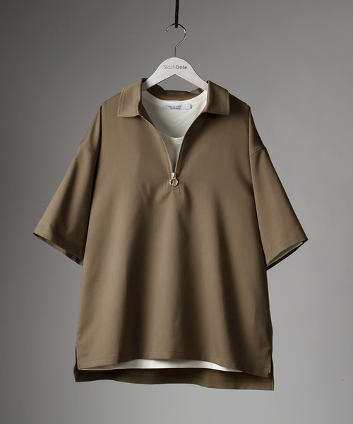 SlashDate（スラッシュデイト）の「ハーフZIP半袖シャツ＋タンクトップ/レイヤードスタイル（Tシャツ/カットソー・メンズ・ブラック/ベージュ/グレー/モカ/チェック・M/L/XL）」の16枚目の写真