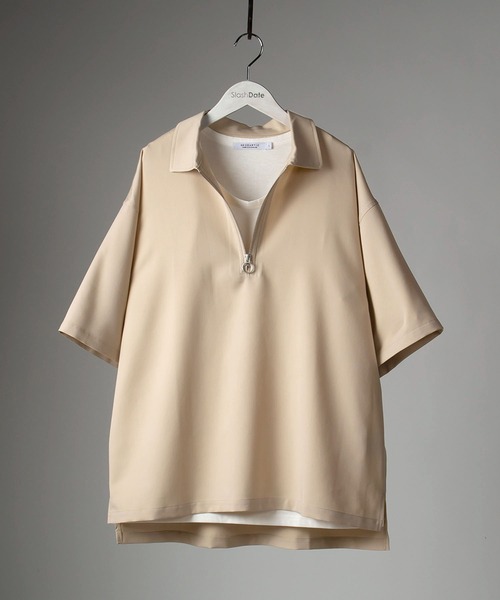 SlashDate（スラッシュデイト）の「ハーフZIP半袖シャツ＋タンクトップ/レイヤードスタイル（Tシャツ/カットソー・メンズ・ブラック/ベージュ/グレー/モカ/チェック・M/L/XL）」の17枚目の写真