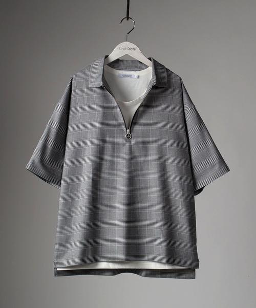 SlashDate（スラッシュデイト）の「ハーフZIP半袖シャツ＋タンクトップ/レイヤードスタイル（Tシャツ/カットソー・メンズ・ブラック/ベージュ/グレー/モカ/チェック・M/L/XL）」の18枚目の写真