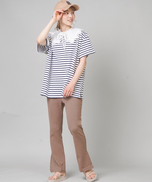 SPINNS（スピンズ）の「【ゆったりシルエット】ボーダー半袖カットソー（Tシャツ/カットソー・レディース・ブラック×ホワイト/グレイッシュベージュ/ネイビー・ONESIZE）」の11枚目の写真