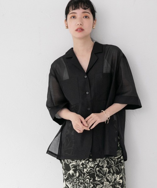 LOWRYS FARM（ローリーズファーム）の「オーガンジーショートシャツＳＳ　957500（シャツ/ブラウス・レディース・オフホワイト/ブラック/グリーン/レッド・FREE）」の3枚目の写真