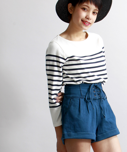 WEGO（ウィゴー）の「WEGO/レースアップショートパンツ（デニムパンツ・レディース・インディゴブルー/ライトインディゴブルー/ホワイト・FREE）」の3枚目の写真