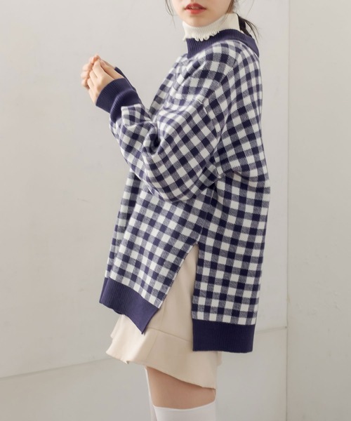 OLIVE des OLIVE（オリーブデオリーブ）の「ギンガムチュニックニット（ニット/セーター・レディース・ブラック/ベージュ/ネイビー/グリーン・FREE）」の4枚目の写真