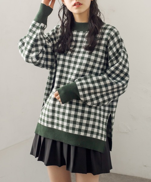 OLIVE des OLIVE（オリーブデオリーブ）の「ギンガムチュニックニット（ニット/セーター・レディース・ブラック/ベージュ/ネイビー/グリーン・FREE）」の3枚目の写真