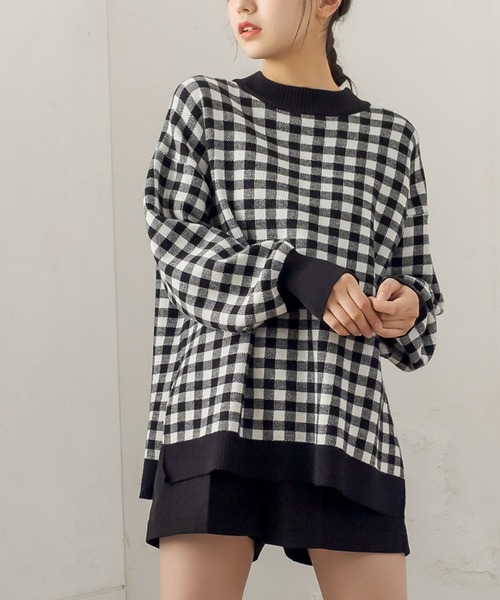 OLIVE des OLIVE（オリーブデオリーブ）の「ギンガムチュニックニット（ニット/セーター・レディース・ブラック/ベージュ/ネイビー/グリーン・FREE）」の2枚目の写真