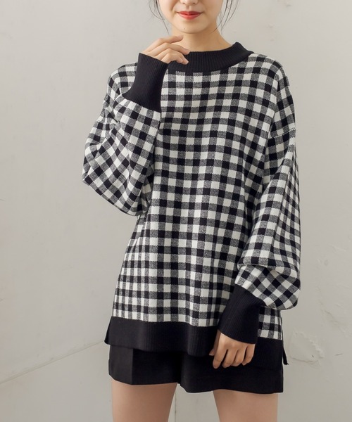 OLIVE des OLIVE（オリーブデオリーブ）の「ギンガムチュニックニット（ニット/セーター・レディース・ブラック/ベージュ/ネイビー/グリーン・FREE）」の5枚目の写真