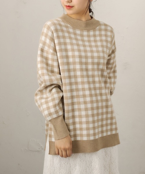 OLIVE des OLIVE（オリーブデオリーブ）の「ギンガムチュニックニット（ニット/セーター・レディース・ブラック/ベージュ/ネイビー/グリーン・FREE）」の6枚目の写真