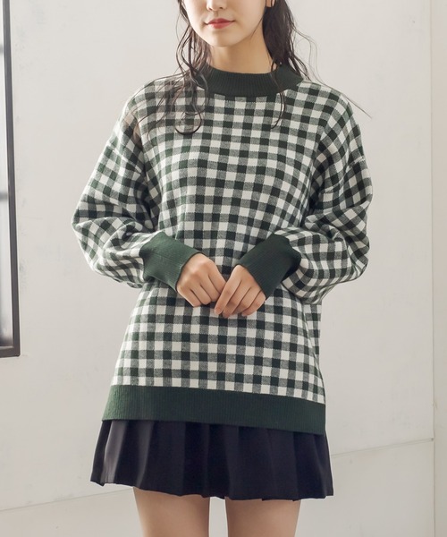 OLIVE des OLIVE（オリーブデオリーブ）の「ギンガムチュニックニット（ニット/セーター・レディース・ブラック/ベージュ/ネイビー/グリーン・FREE）」の19枚目の写真