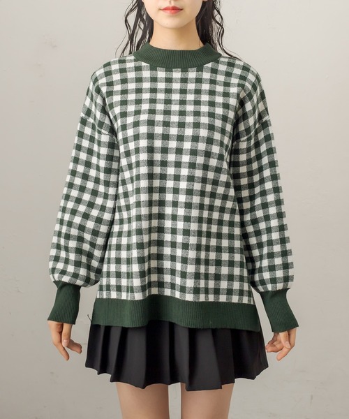 OLIVE des OLIVE（オリーブデオリーブ）の「ギンガムチュニックニット（ニット/セーター・レディース・ブラック/ベージュ/ネイビー/グリーン・FREE）」の12枚目の写真
