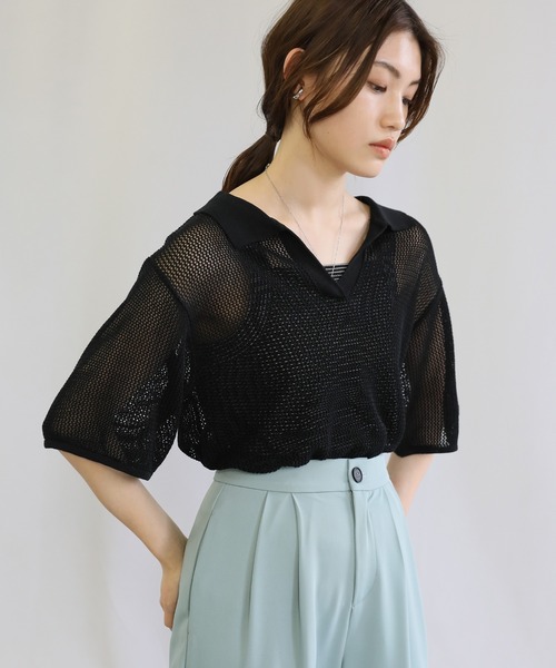 select MOCA（セレクトモカ）の「スキッパーメッシュ編みプルオーバー（Tシャツ/カットソー・レディース・ブラック/オレンジ/アイボリー・FREE）」の22枚目の写真