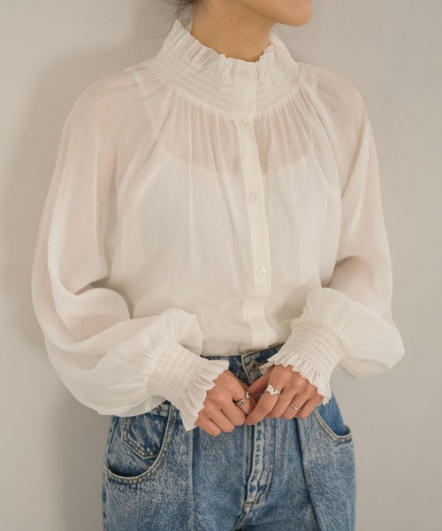 ＡＮＤＪ（アンドジェイ）の「【ANDJ MADE】【2022/AW】襟シャーリングフリルスタンドカラーシアーブラウス（シャツ/ブラウス・レディース・ブラック/アッシュブラウン/オフホワイト/ピンク/グリーン/イエロー・M）」の12枚目の写真