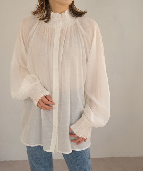 ＡＮＤＪ（アンドジェイ）の「【ANDJ MADE】【2022/AW】襟シャーリングフリルスタンドカラーシアーブラウス（シャツ/ブラウス・レディース・ブラック/アッシュブラウン/オフホワイト/ピンク/グリーン/イエロー・M）」の14枚目の写真