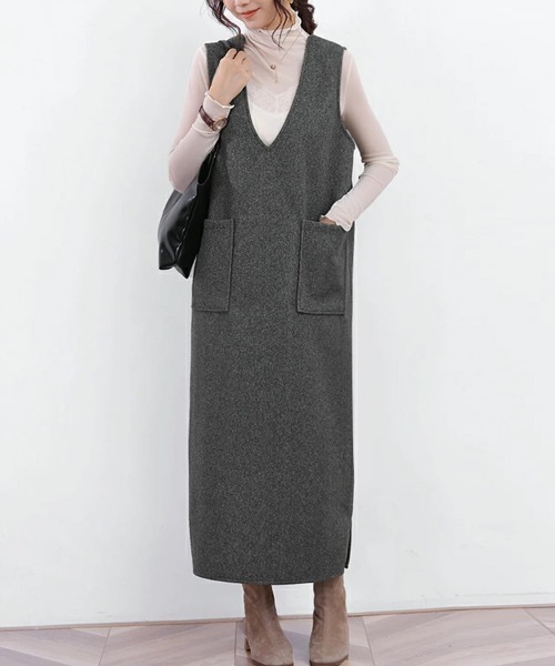 Doux Belle（ドゥーベル）の「パイピング深Vネックジャンパースカート（ジャンパースカート・レディース・ライトグレー/ベージュ/カーキ/ネイビー/ダークグレー/ブラウン・MEDIUM/SMALL）」の9枚目の写真