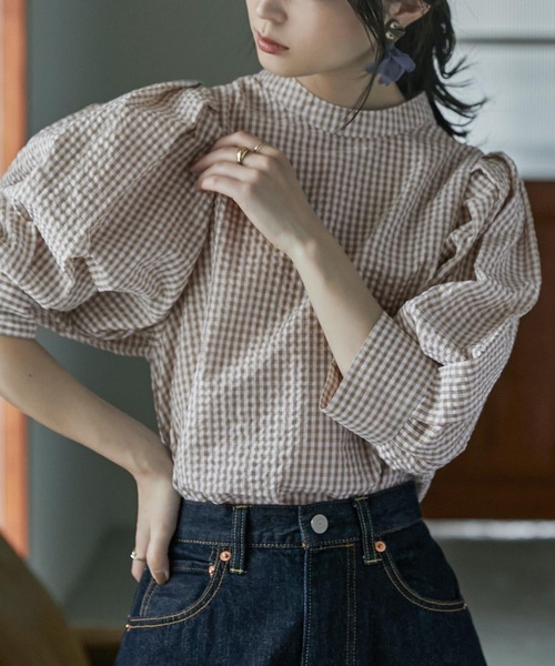 Fashion Letter（ファッションレター）の「バックリボンボリュームスリーブハイネックブラウス（シャツ/ブラウス・レディース・ベージュ/グリーン/サックスブルー/ブラック・M）」の8枚目の写真