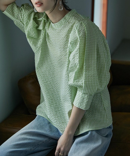 Fashion Letter（ファッションレター）の「バックリボンボリュームスリーブハイネックブラウス（シャツ/ブラウス・レディース・ベージュ/グリーン/サックスブルー/ブラック・M）」の19枚目の写真