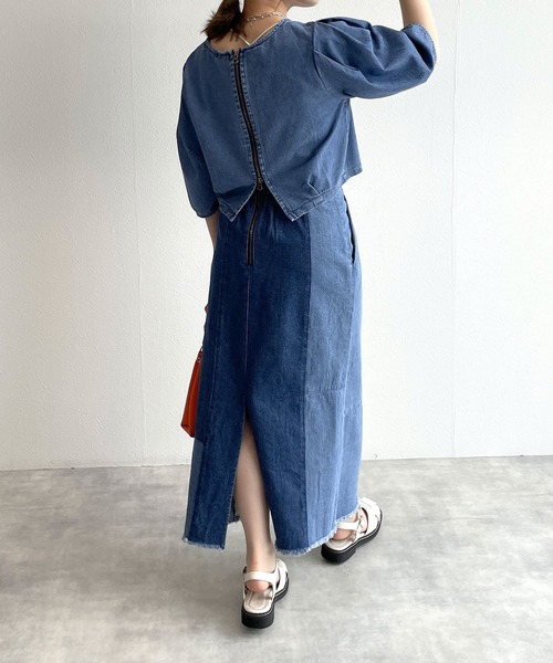 w closet（ダブルクローゼット）の「【セットアップ対応】ハイウエストパッチワーク切替ハイウエストスカート（デニムスカート・レディース・ブルー・FREE）」の11枚目の写真