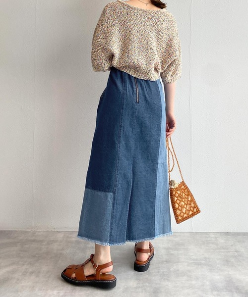 w closet（ダブルクローゼット）の「【セットアップ対応】ハイウエストパッチワーク切替ハイウエストスカート（デニムスカート・レディース・ブルー・FREE）」の14枚目の写真