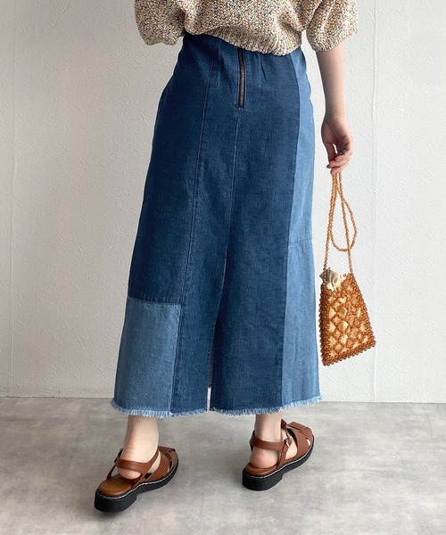 w closet（ダブルクローゼット）の「【セットアップ対応】ハイウエストパッチワーク切替ハイウエストスカート（デニムスカート・レディース・ブルー・FREE）」の15枚目の写真
