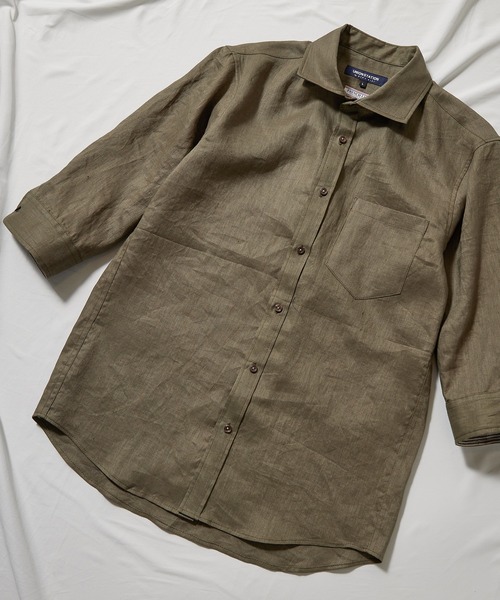 UNION STATION（ユニオンステーション）の「フレンチリネン ７分袖シャツ/麻100%（シャツ/ブラウス・メンズ・ホワイト/ベージュ/ネイビー/グレー/カーキ/ピンク/ターコイズブルー/ブルー/ホワイト系その他/チェック・LL/S/M/L）」の5枚目の写真