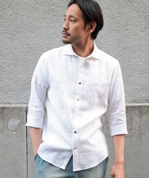 UNION STATION（ユニオンステーション）の「フレンチリネン ７分袖シャツ/麻100%（シャツ/ブラウス・メンズ・ホワイト/ベージュ/ネイビー/グレー/カーキ/ピンク/ターコイズブルー/ブルー/ホワイト系その他/チェック・LL/S/M/L）」の12枚目の写真