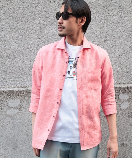 UNION STATION（ユニオンステーション）の「フレンチリネン ７分袖シャツ/麻100%（シャツ/ブラウス・メンズ・ホワイト/ベージュ/ネイビー/グレー/カーキ/ピンク/ターコイズブルー/ブルー/ホワイト系その他/チェック・LL/S/M/L）」の13枚目の写真