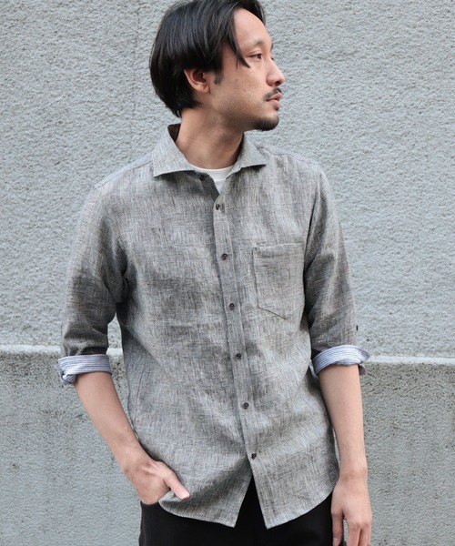 UNION STATION（ユニオンステーション）の「フレンチリネン ７分袖シャツ/麻100%（シャツ/ブラウス・メンズ・ホワイト/ベージュ/ネイビー/グレー/カーキ/ピンク/ターコイズブルー/ブルー/ホワイト系その他/チェック・LL/S/M/L）」の16枚目の写真