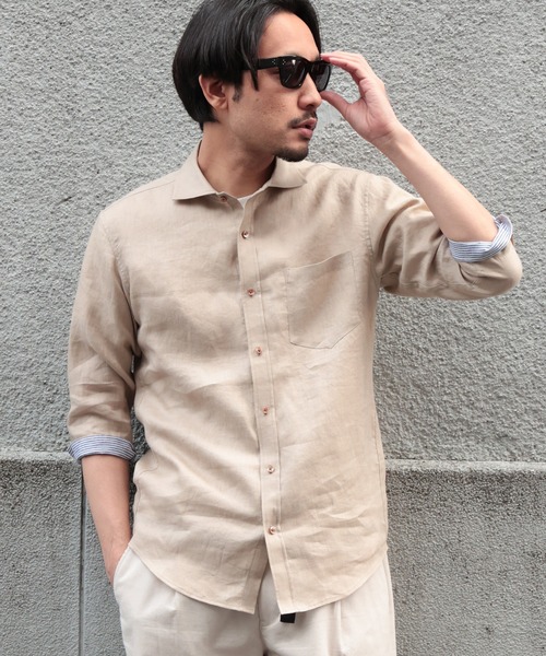 UNION STATION（ユニオンステーション）の「フレンチリネン ７分袖シャツ/麻100%（シャツ/ブラウス・メンズ・ホワイト/ベージュ/ネイビー/グレー/カーキ/ピンク/ターコイズブルー/ブルー/ホワイト系その他/チェック・LL/S/M/L）」の19枚目の写真